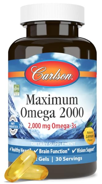 Maximum Omega 2000, 2000 mg Omega-3 Fatty Acids Including EPA and DHA, Wild-Caught, Norwegian Fish Oil Supplement, Sustainably Sourced Fish Oil Capsules, Lemon, 60 Softgels