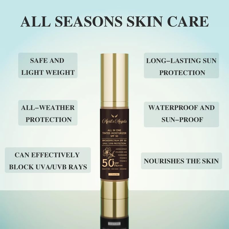April's Angels All in One Universal Tinted Moisturizer, Broad Spectrum SPF 50 PA+++, with Hyaluronic Acid, Jasmine Extract, Vitamins C and E. 1.7 fl oz | SPF 50