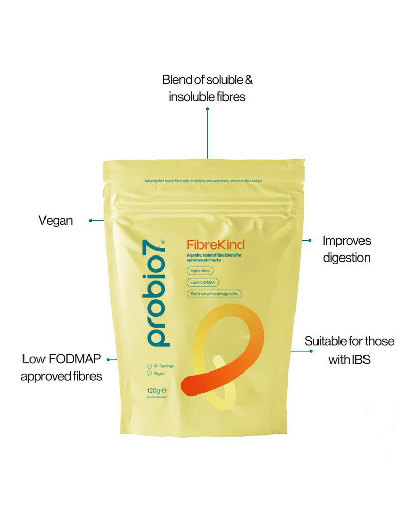 Probio7 Probiotics FibreKind - Fibre Supplement for Sensitive Stomachs. 4 Types of Low-FODMAP Approved Fibres, Acacia Fibre & Partially Hydrolysed Guar Gum (PHG) with Ashwagandha | 30 Servings