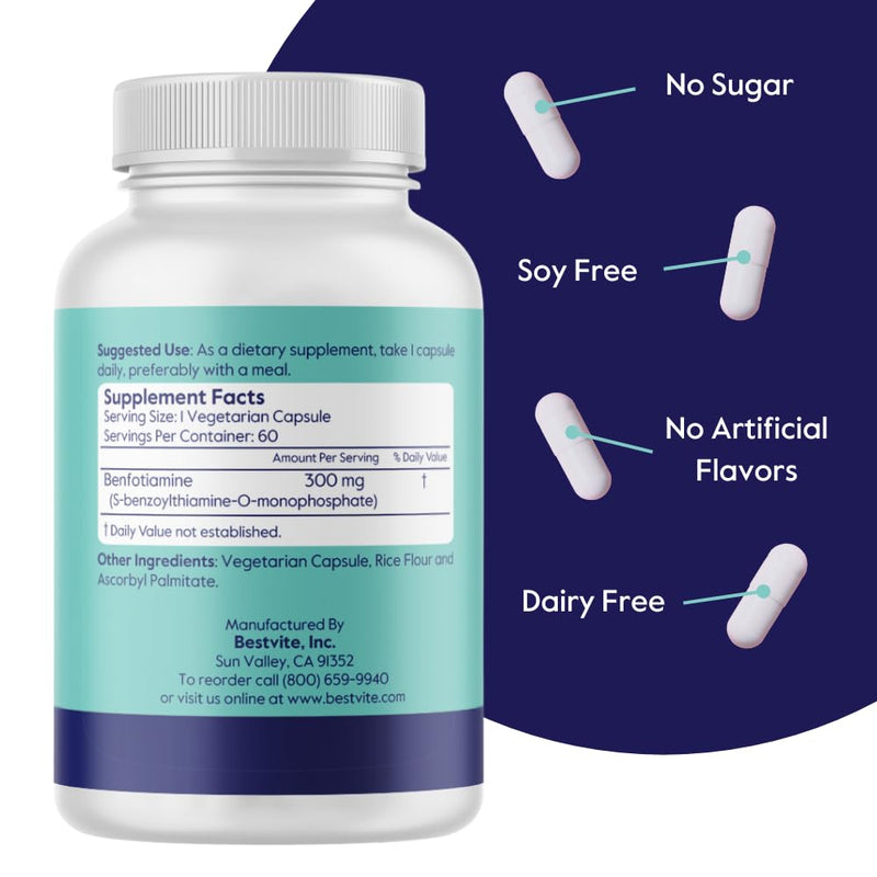 BESTVITE Benfotiamine 300mg (60 Veg Caps) - No Stearates - Vegan | No Silicon Dioxide - Non GMO - Gluten Free - Fat Soluble Vitamin B1 - Vitamin B1 Thiamine Supplement 60 Count (Pack of 1)