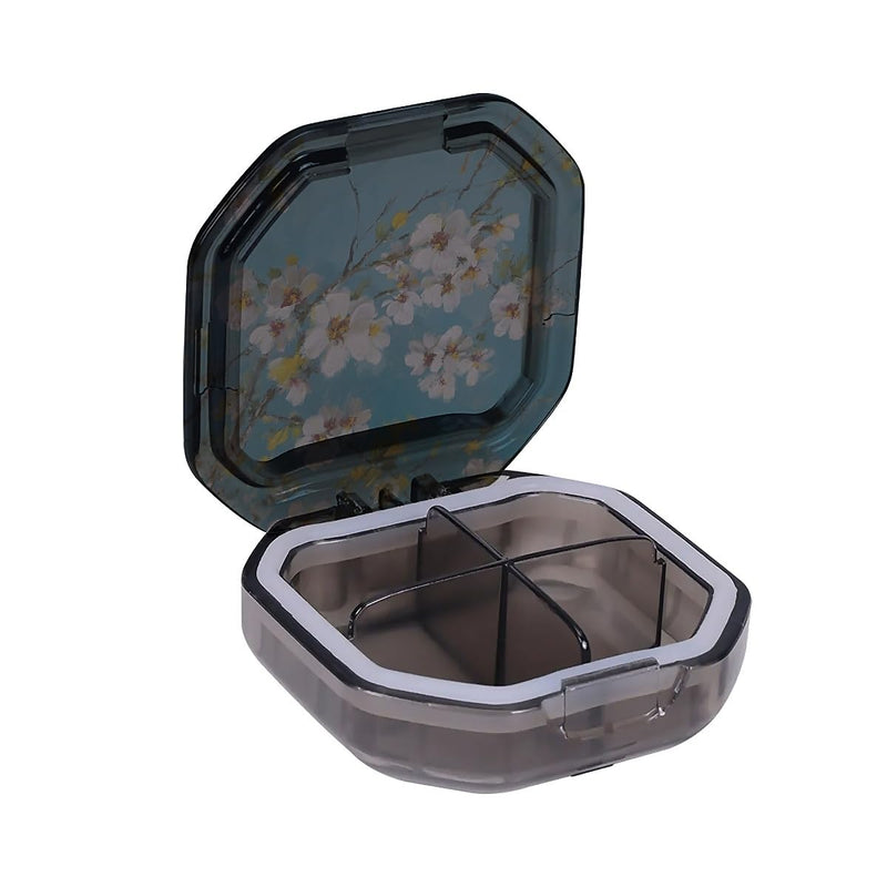 4 Compartment White Flowers Travel Pill Organizer, Watertight Portable Daily Pill Box for Vitamins, Fish Oil, Medicine & Small Items - BPA-Free Food Grade Material 4 Compartment