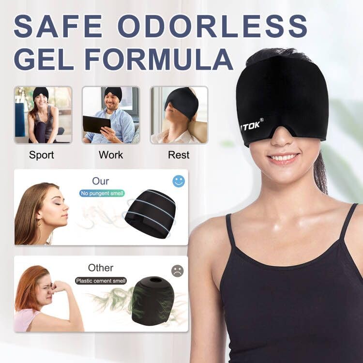 [Australia] - Migraine Headache Relief Cap, Gel Ice Head Wrap, Hot and Cold Therapy, Headache Eyes Mask for Sinus, Puffy Eyes, Tension and Stress Relief (Black) Black 