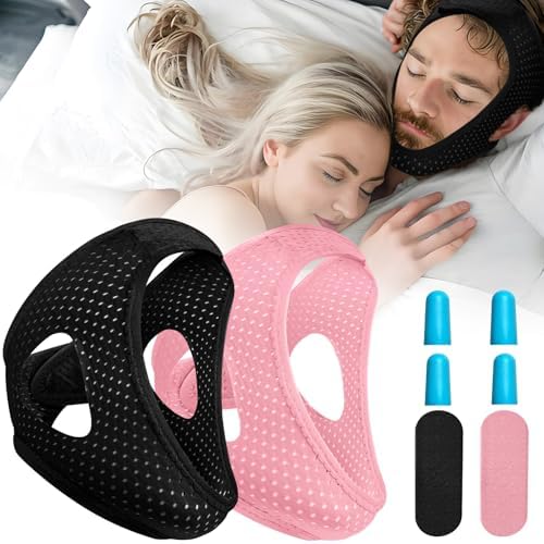 [Australia] - Chin Strap for Sleeping User, Anti Snore Chin Strap to Keep Mouth Closed, Airflow Jaw Strap for Sleep Anti Snoring Chin Straps for Men Women Stop Snoring Strap with Earplugs (2pack) 2pack Black+pink 