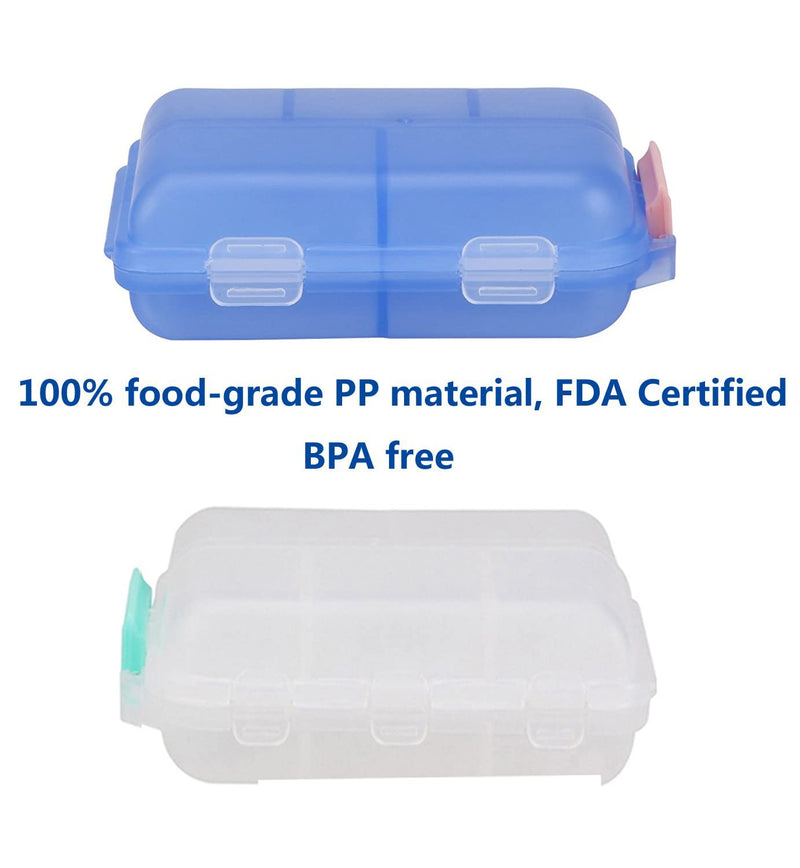 Pill Case (2 Pack) - Portable Small Supplements Tablet Container Box with 10 Compartments - Medicine Vitamin Organizer Dispenser Holder Storage for Travel Trip Pocket Purse(Blue+White) Blue+white