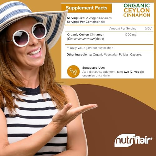 NutriFlair Organic Ceylon Cinnamon Supplement 1200mg, 120 Capsules - USDA Certified - Non-GMO, Gluten Free Powder, Antioxidant Pills 120 Count (Pack of 1)