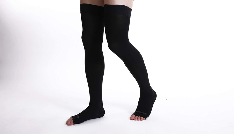 [Australia] - Doc Miller Thigh High Compression Socks - Open Toe, 20-30mmHg for Varicose Veins, Calf, Leg & Ankle Support, Pregnancy & Maternity Stockings, Small to Plus Size Large (1 Pair) Black 