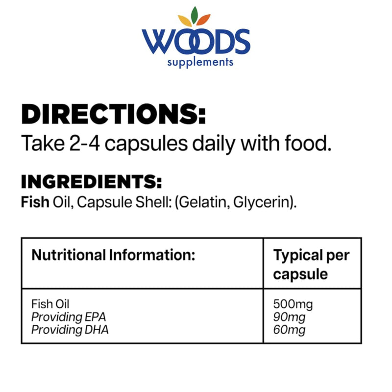 Woods Supplements - Omega 3 Pure Fish Oil 500mg Capsules (180x). High Strength Omega 3 with EPA & DHA. Sustainably Sourced. Essential Fatty Acids for Heart, Brain & Immune Boost. Fish Oil Supplements 180