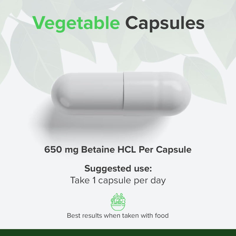 Betaine HCl 650mg – 120 Vegan Capsules | High Strength Betaine Hydrochloride | Supports Stomach Acidity & Protein Digestion | Digestive Support | 4 Months Supply | Raw Powders