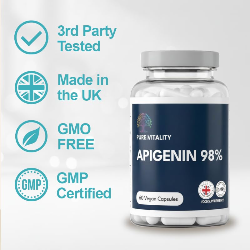 Pure Vitality Apigenin 250mg (98% Pure) – 60 Vegan Capsules – Premium Flavonoid Supplement – Non-GMO, Plant-Based, Third-Party Tested