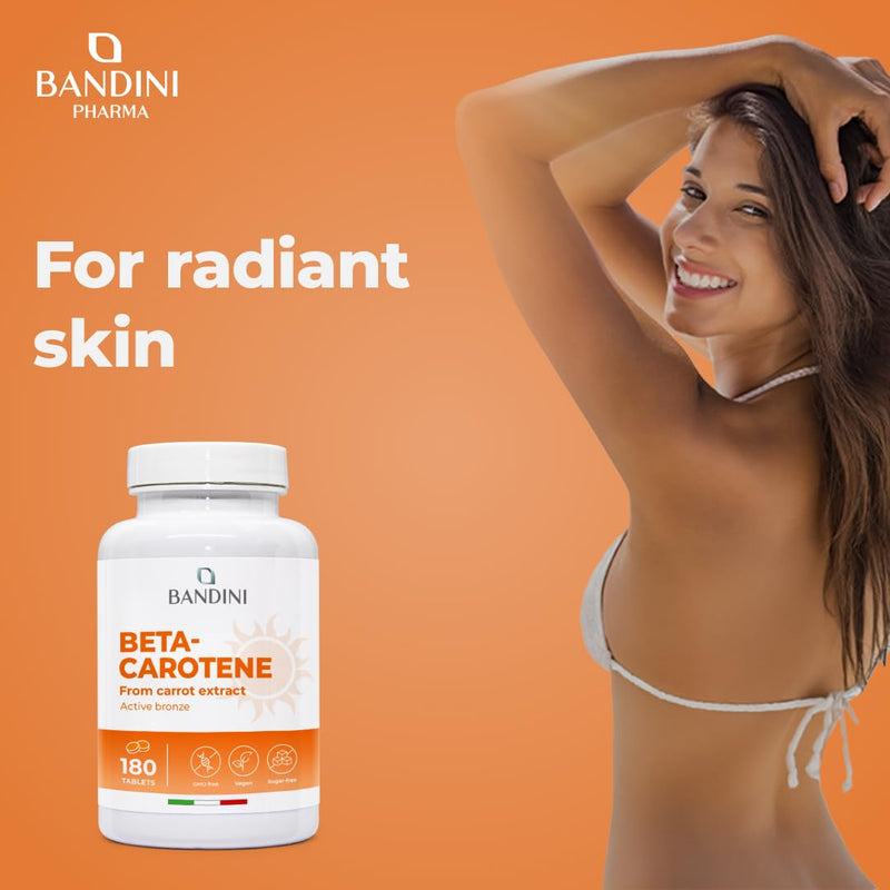 Bandini® Beta Carotene 180 Tablets | Beta-Carotene Supplement Rich in Vitamin A for an Intense tan and Radiant Skin | Carotenoid Tanning Tablets for Men & Women | Enhancing Natural Skin Tone | Vegan