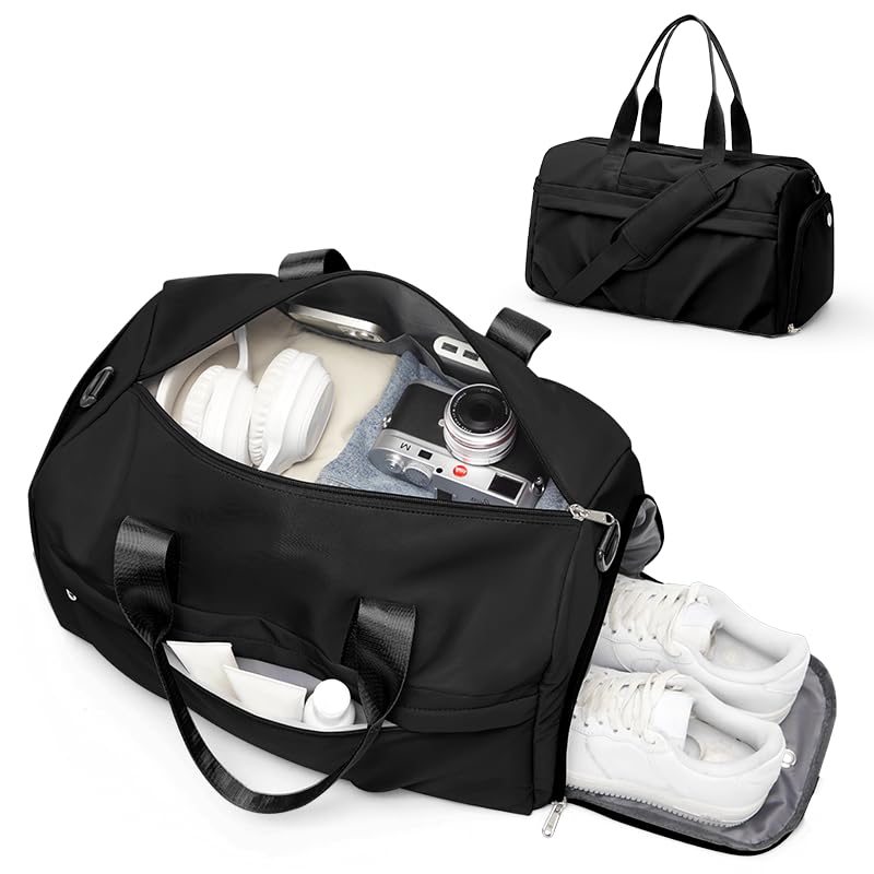 Gym Bag for Women with Shoe Compartment, Sport Travel Duffel Bag for Men | Waterproof Weekender Overnight Carry on Duffle Bag with Trolley Sleeve for Traveling, Yoga, Gym, Airplane -Black A-Black