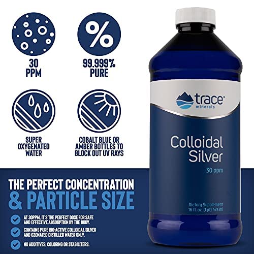[Australia] - Trace Minerals | Colloidal Silver Liquid | 30 PPM Safe Dose Mineral Supplement, 99.99% Pure, Super-Oxygenated, Vegan | 16 fl oz Bottle (1 Pack) 16 Fl Oz (Pack of 1) 