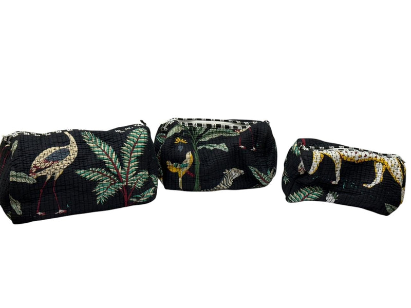 Cotton Hand Block Floral Print Toiletry Bag for Women, Makeup Cosmetic Organizer, Travel Accessories Set of 3 (black-jungle) black-jungle