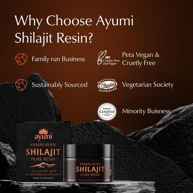 Ayumi Himalayan Shilajit Resin 30g| Shilajit Gold Grade 100% Pure from 18000 ft| 75% Fulvic Acid & 85+ Trace Minerals |Stamina & Vitality Booster | Testosterone Supplements for Men |600mg (50 Serves)
