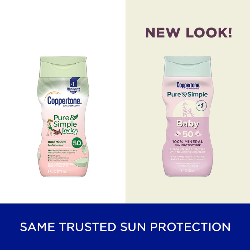 [Australia] - Coppertone Pure and Simple Baby Sunscreen SPF 50 Lotion, Zinc Oxide Mineral Sunscreen for Babies, Tear Free, Water Resistant, Broad Spectrum SPF 50 Sunscreen, 6 Fl Oz Bottle 