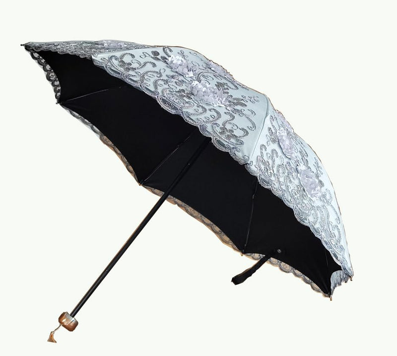 Foldable Lace Parasol Travel Sun Rain Umbrella Compact Anti UV Resistance Princess Sun Umbrella for Women & Girls 3D-Grey