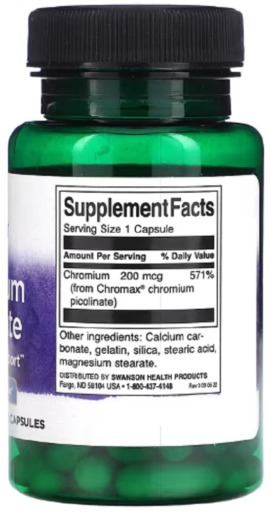 Swansons Swanson - Chromium Picolinate Featuring Chromax | Metabolism and Blood Sugar Support | 200mcg Capsules - 60 Count