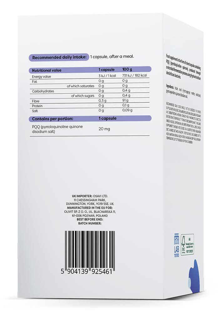 Osavi PQQ 20 mg – 60 Vegan Capsules | Microbially Fermented Pyrroloquinoline Quinone for Cellular Health Support