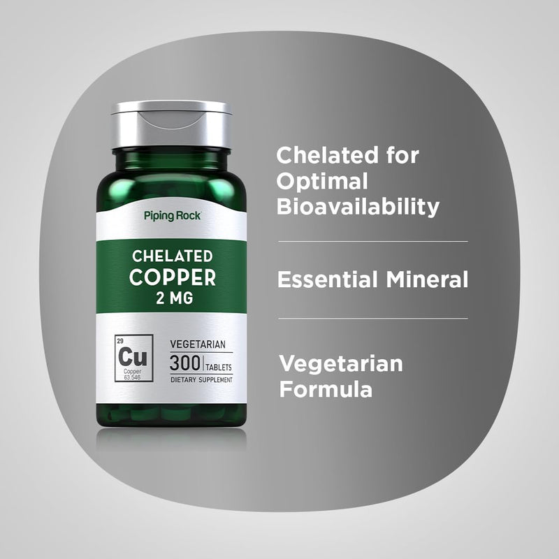 [Australia] - Piping Rock Chelated Copper 2 mg Supplement | 300 Tablets | Vegetarian, Non-GMO, Gluten Free 300 Count (Pack of 1) 