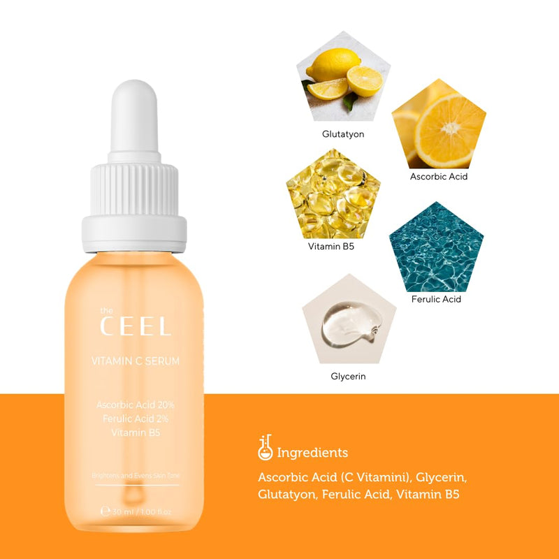 The Ceel 20% Vitamin C Brightening Anti-Aging Serum for Face with Ascorbic, Ferulic Acid & Vitamin B5 - Paraben & Perfume Free Skin Care Formula for Hydration, Wrinkles, Dark Spots, & Radiance - 30ml