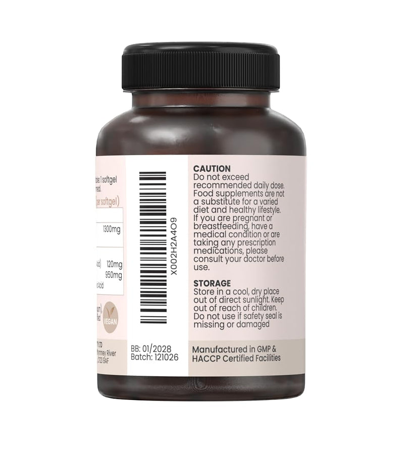 Evening Primrose Oil 1300mg | High Strength Cold Pressed Evening Primrose Capsules | 143mg GLA per Softgel | 120 Vegan Softgels | Omega-6 Supplement Women's Wellness & Skin Health | 4 Month Supply 120 count (Pack of 1)