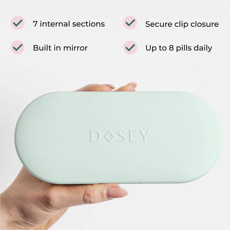 Dosey Compact Travel Pill Organizer - Pill Case with 7 Compartments for Medicine Storage & Protection – Stylish & Elegant Medication Organizer with Mirror, Sage