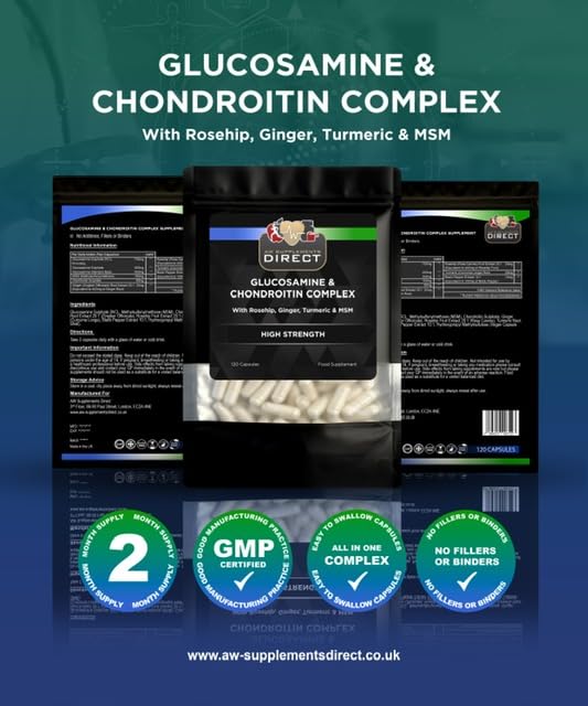 AW Glucosamine and Chondroitin Complex | 120 Glucosamine and Chondroitin High Strength Capsules - 400mg Glucosamine & 350mg Glucosamine per 2 Capsule Serving with Turmeric & Rosehip