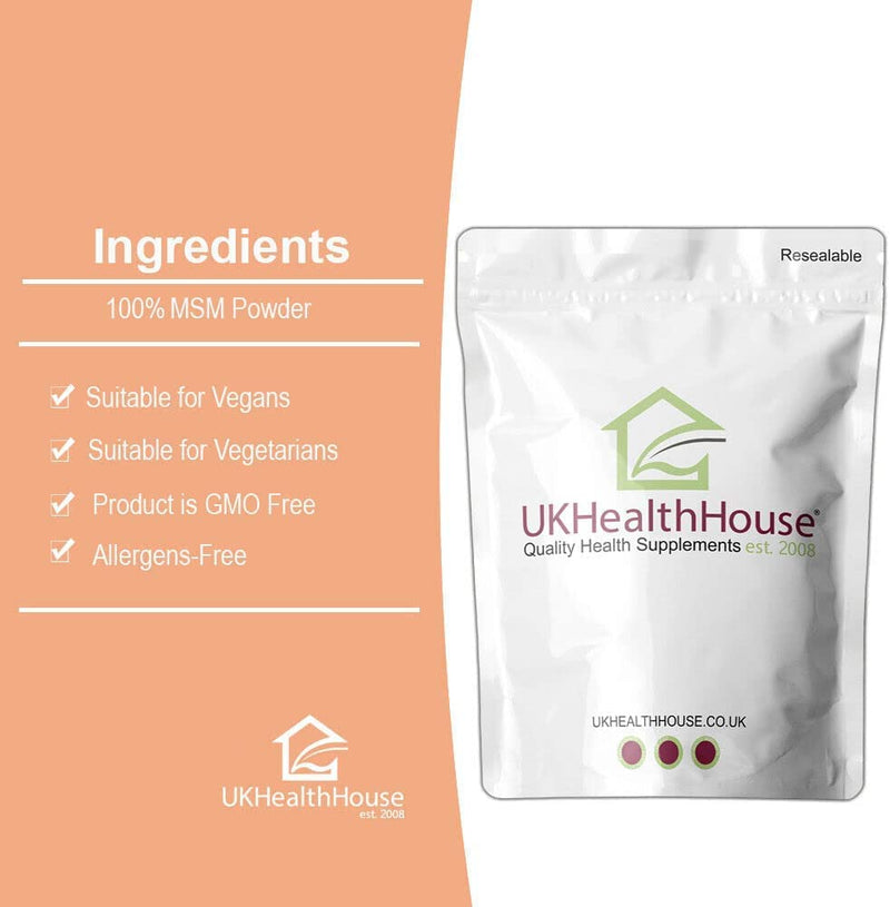UKHealthHouse 100% Pure MSM Powder 250g – Vegan Methylsulfonylmethane Supplement – Joint, Muscle & Collagen Support – Food Grade Sulphur for Detox & Inflammation Relief