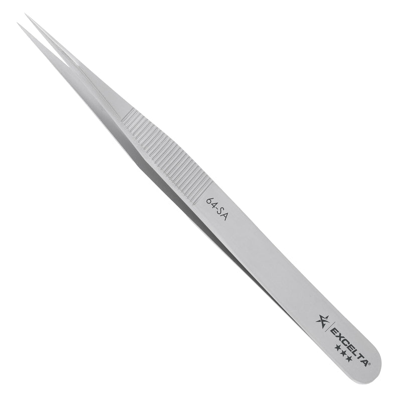 Excelta 64-SA Precision Tweezers, Straight Fine Tip, 4.75" Anti-Magnetic 316L Neverust Stainless Steel, Serrated Handle, ESD-Safe, Swiss-Made Tool for Electronics, Lab Use, Cleanroom & Forensics 4.75" Tweezer, Straight Very Fine Points