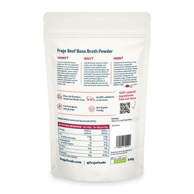Freja Bone Broth Powder | 100% Natural Collagen & Protein Powder | Pure Beef, Grass-Fed | Amino Acids & Minerals | Nutrition for Healthy Gut, Skin, Hair & Nails | 300g (15 Servings)