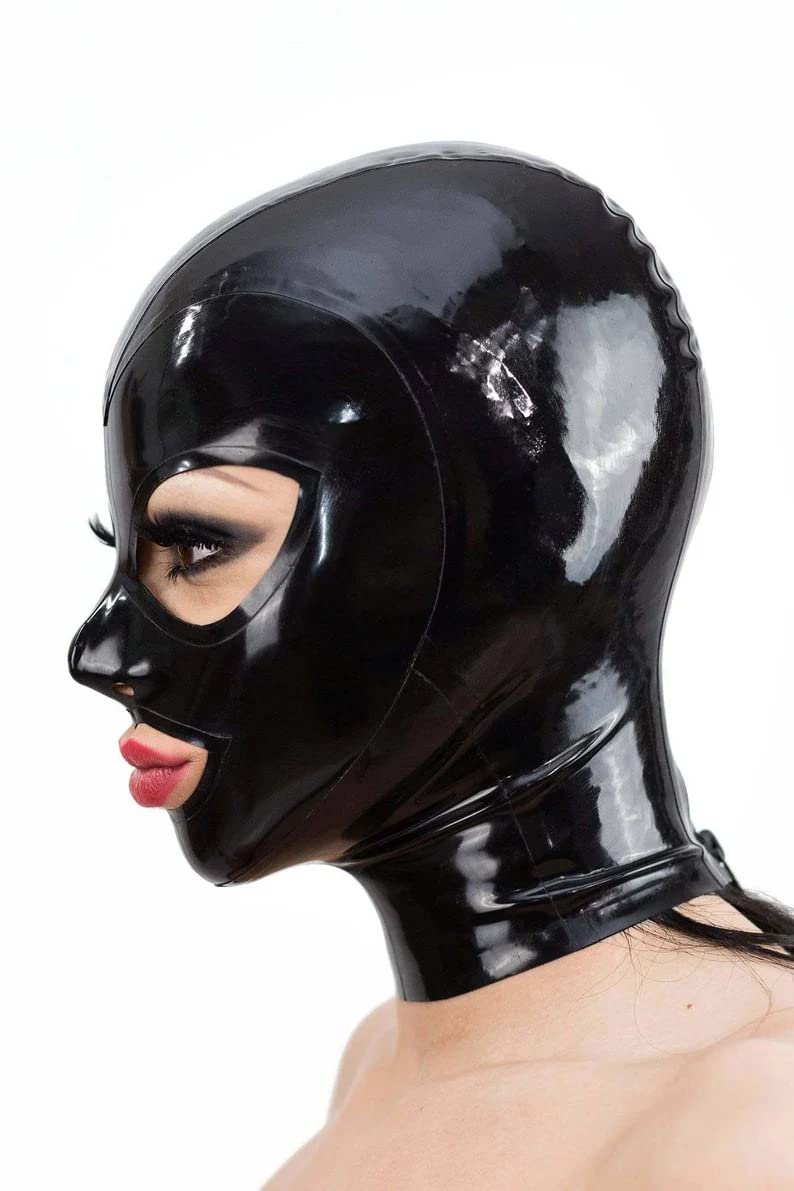 MFMYEE Bondage Latex Mask, BDSM Mask Fetish Head Hood Latex Cosplay Zipper Back, Open Eyes Mouth Face Cover (Black)