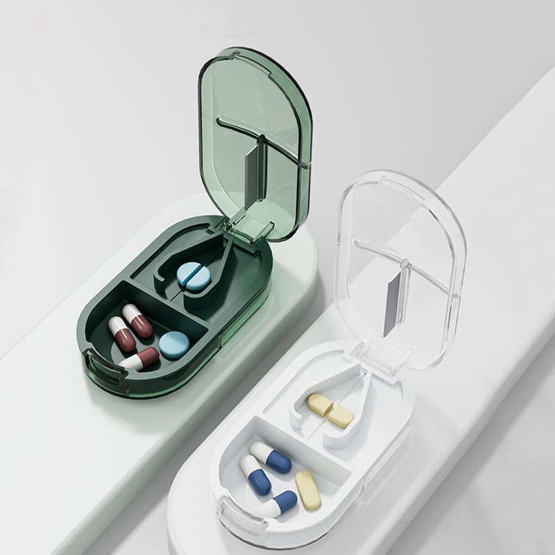 Travel Pill Organizer Cutter Box, 2 Compartments Tablet Splitter | Daily Pill Case, Small Vitamin Planner Sorter for Pocket Purse, Mini Medicine Supplement Fish Oil Capsule, Transparent Green Grey