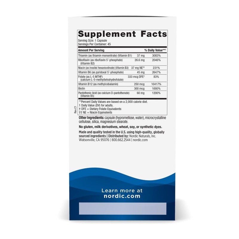 Nordic Naturals Vitamin B Complex, Energy Metabolism - 45 Capsules | 8 essential B vitamins: B1 Thiamine, B2 Riboflavin, B3 Niacin, B6, B12, B9 Folate, B7 Biotin, B5 Pantothenic Acid. Non-GMO 45 Count (Pack of 1)