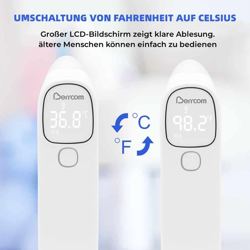[Australia] - Berrcom Fever Thermometer Contactless Forehead and Ear Thermometer Digital Medical Thermometer Infrared Forehead Thermometer for Baby, Adults with Fever Alarm, °C/°F Switch, Instant Reading 