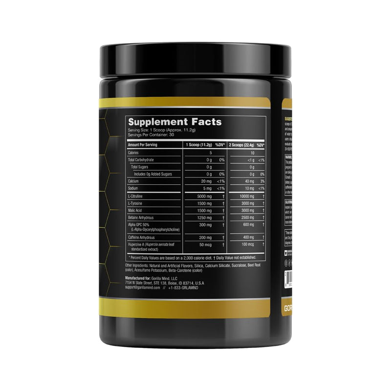 [Australia] - Gorilla Mode Base Pre Workout - Raises Nitric Oxide · Intense Focus & Drive · Endurance · Power - L-Citrulline, L-Tyrosine, Betaine, Alpha-GPC, Caffeine, Huperzine A - 360 Grams (Watermelon) Watermelon 