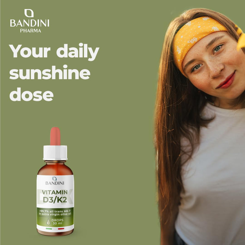 Bandini® Vitamin D3 K2 Drops, Extra Virgin Olive Oil EVO, Cholecalciferol 1000 IU per Drop + VIT K 2 MK-7 Menaquinone Kappa 99.7% 100 mcg per Drop, Vitamin D Drops, D3 and K2, 100% Vegan