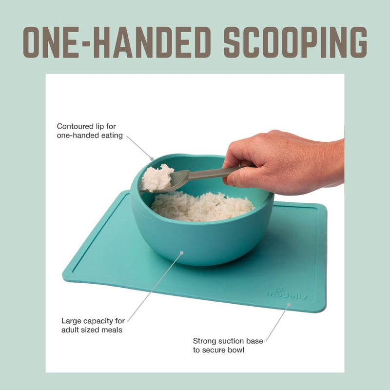 [Australia] - Modaliv 34oz Adult Scooper Bowl with Suction Base – Adaptive Silicone Placemat for Stroke Recovery, Elderly, or Disabled – Microwave & Dishwasher Safe – Non-Slip Feeding Aid (Turquoise) Turquoise 