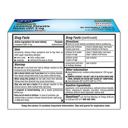 [Australia] - Ohm Children’s Chewable Tablets, Dye Free, Grape, Non-Drowsy 24h Relief of Sneezing, Runny Nose, Itchy Watery Eyes, Itchy Throat or Nose, Antihistamine, Indoor & Outdoor Allergies, 5mg, 30 Tablets 