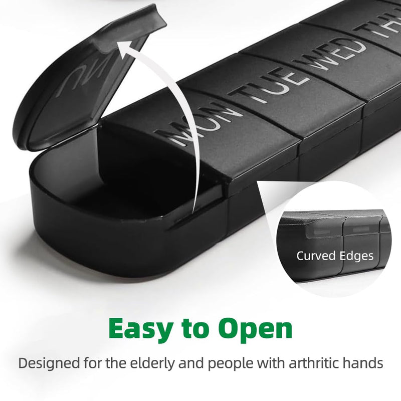 2 PCS Weekly Pill Organiser 1 Times a Day, Arthritis Friendly Travel Pill Case, BPA-Free Pill Box 7 Day, Large Compartments to Hold Vitamins Supplements Medicine (Black) Black