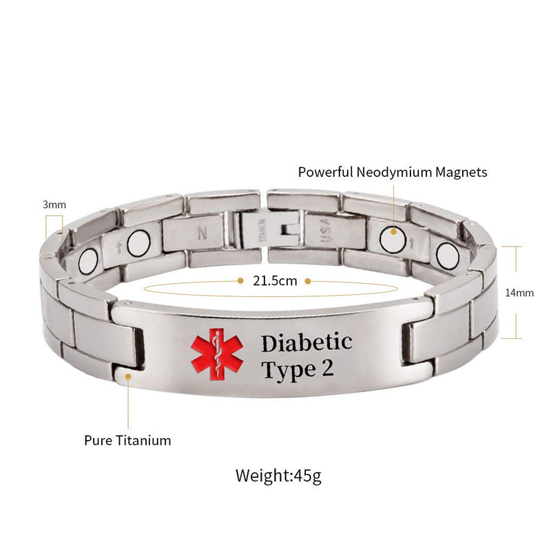 [Australia] - Titanium Medical Alert Bracelet for Men Women, Type 2 Diabetes, High Blood Pressure, Blood Thinner, Hypoallergenic, 8.46inch Wristband Type 2 Bracelets 