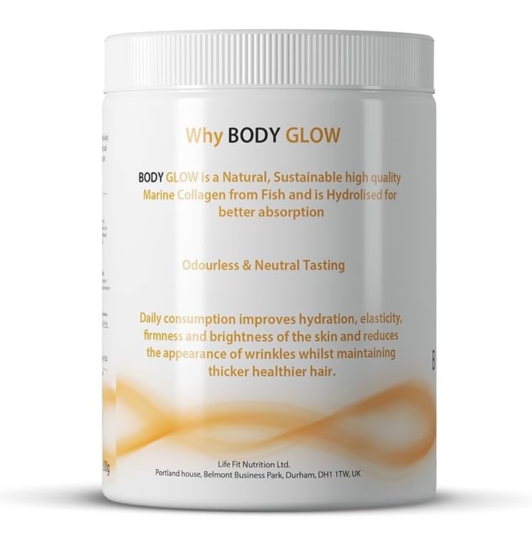 Body Glow Marine Collagen Powder, 10,000mg with Hyaluronic Acid & Vitamin C, Hydrolysed for High Absorption, Type 1 Marine Collagen from Fish, Unflavoured, Odourless & Neutral Taste, 29 Servings 300g