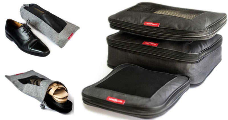 LeanTravel Bundle Compression Packing Cubes Set of 3 Color Black + Shoe bags for Travel Set of 6 - Color Grey
