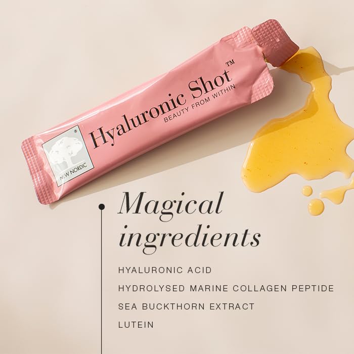 New Nordic Hyaluronic Shot with Marine Collagen Supplement to Improve Skin Elasticity & Reduce Wrinkles, Ready to Drink, Citrus Flavour, 15 Sachets Hyaluronic Shot High - 15x Marine Collagen