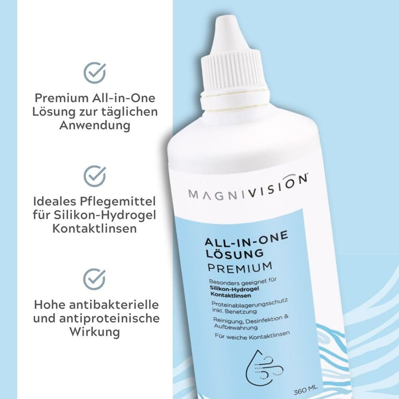 [Australia] - MAGNIVISION All-in-One Solution Premium, 360ml All-in-One solution for soft contact lenses, for cleaning and storing soft contact lenses, borate-free, Made in Europe 