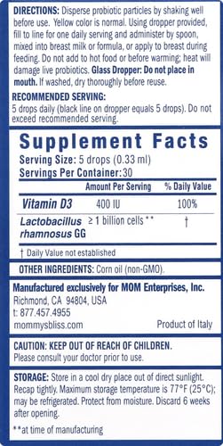[Australia] - Mommy's Bliss Baby Probiotic Drops + Vitamin D, Supports Digestive Health and Immunity, 400IU Vitamin D for Healthy Bone Development, Newborns +, Flavorless, 0.34 Fl Oz (30 Servings) 