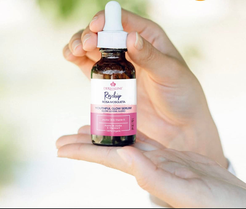 Dermaline Organic Rosa Mosqueta Rosehip Seed Oil Serum with Jojoba Oil & Vitamin E for Natural Glow