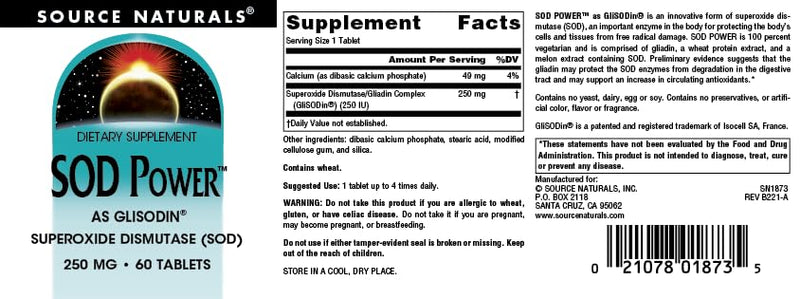Source Naturals SOD Power As Glisodin, 250 mg, Superoxide Dismutase Nutricosmetic Supplement* - 60 Tablets 60 Count (Pack of 1)