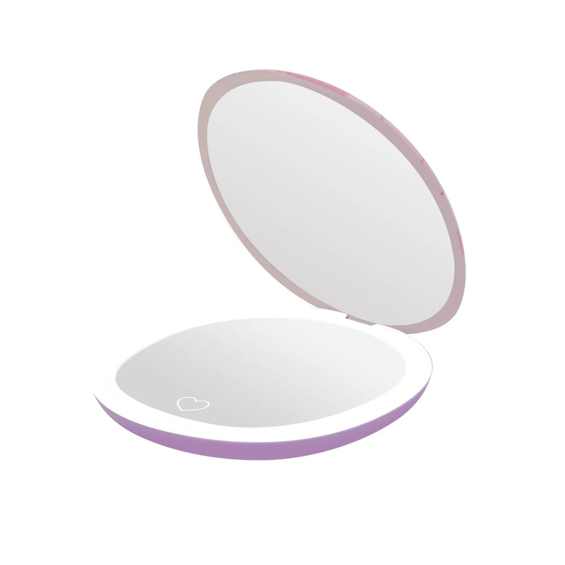 Impressions Vanity Angel Cosmetic Pouch and LED Compact Mirror Set Travel Makeup Bag with Pink Hardware and Portable Lighted Mirror with 3X Magnified top Mirror, Adjustable Brightness