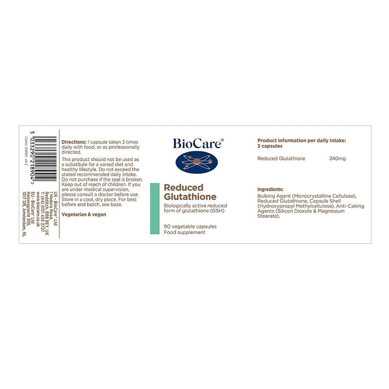 BioCare Reduced Glutathione - Antioxidant Combination, L-glycine, L-glutamine and L-cysteine - 90 Capsules