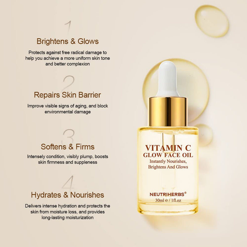 Neutriherbs Rosehip Seed Face Oil with Vitamin C Nourish Dry Skin - 1fl Oz | Enriched Jojoba, Grape Seed Oil, Lightweight Fast-Absorb Facial Oil, Hydrate, Brighten, Smooth Skin, Repair Skin Barrier